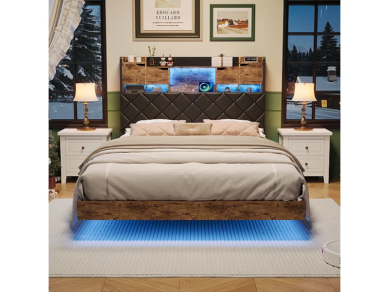 Cadre de lit en fer métallique - lit flottant en PU avec éclairage LED et station de charge USB - lit double rembourré avec tête de stockage - 160x200cm