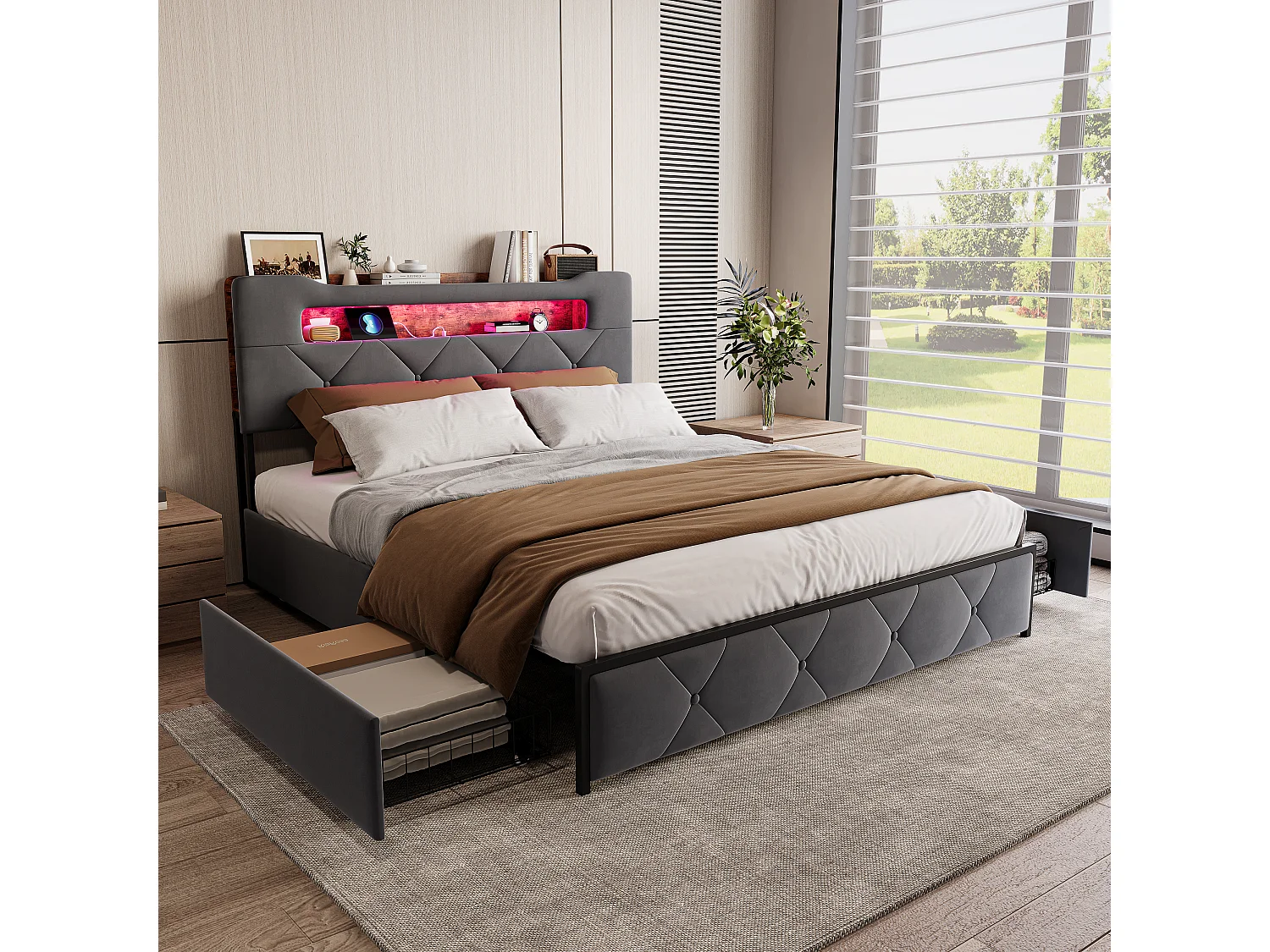 Lit rembourré en velours avec 4 tiroirs de rangement en fer - Eclairage LED en bord de lit Cadre de lit double - pour adultes et adolescents - gris- 140x190cm