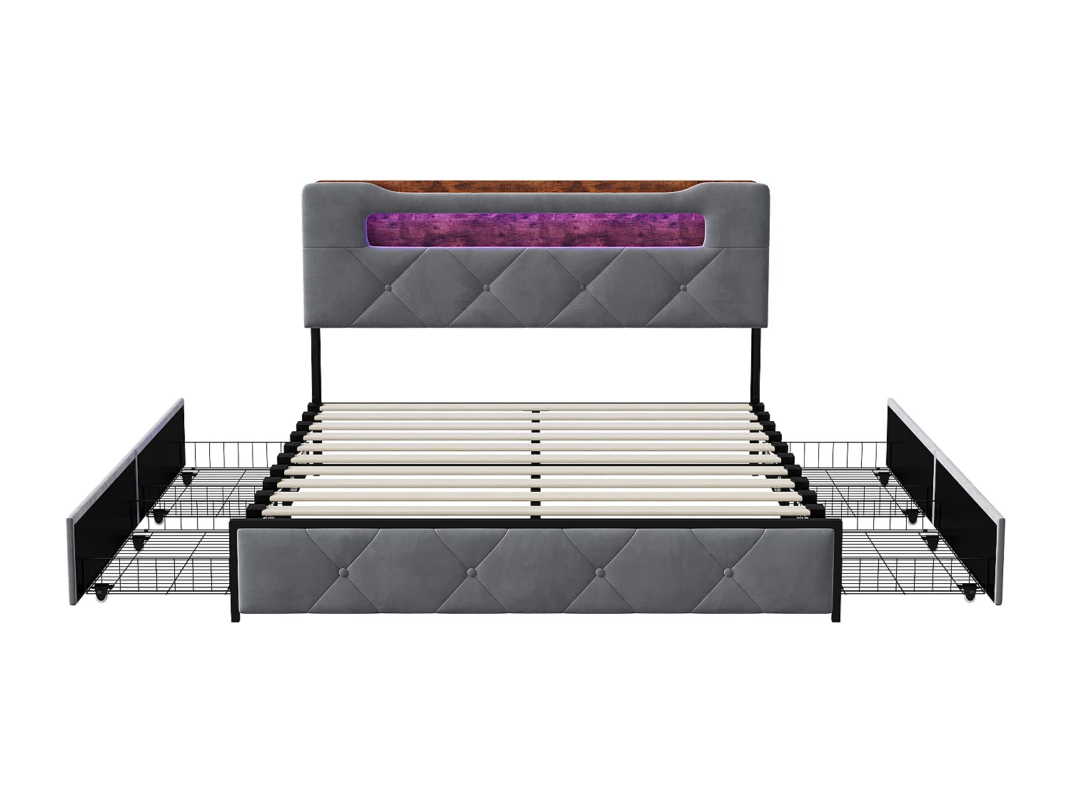 Lit rembourré en velours avec 4 tiroirs de rangement en fer - Eclairage LED en bord de lit Cadre de lit double - pour adultes et adolescents - gris- 140x190cm