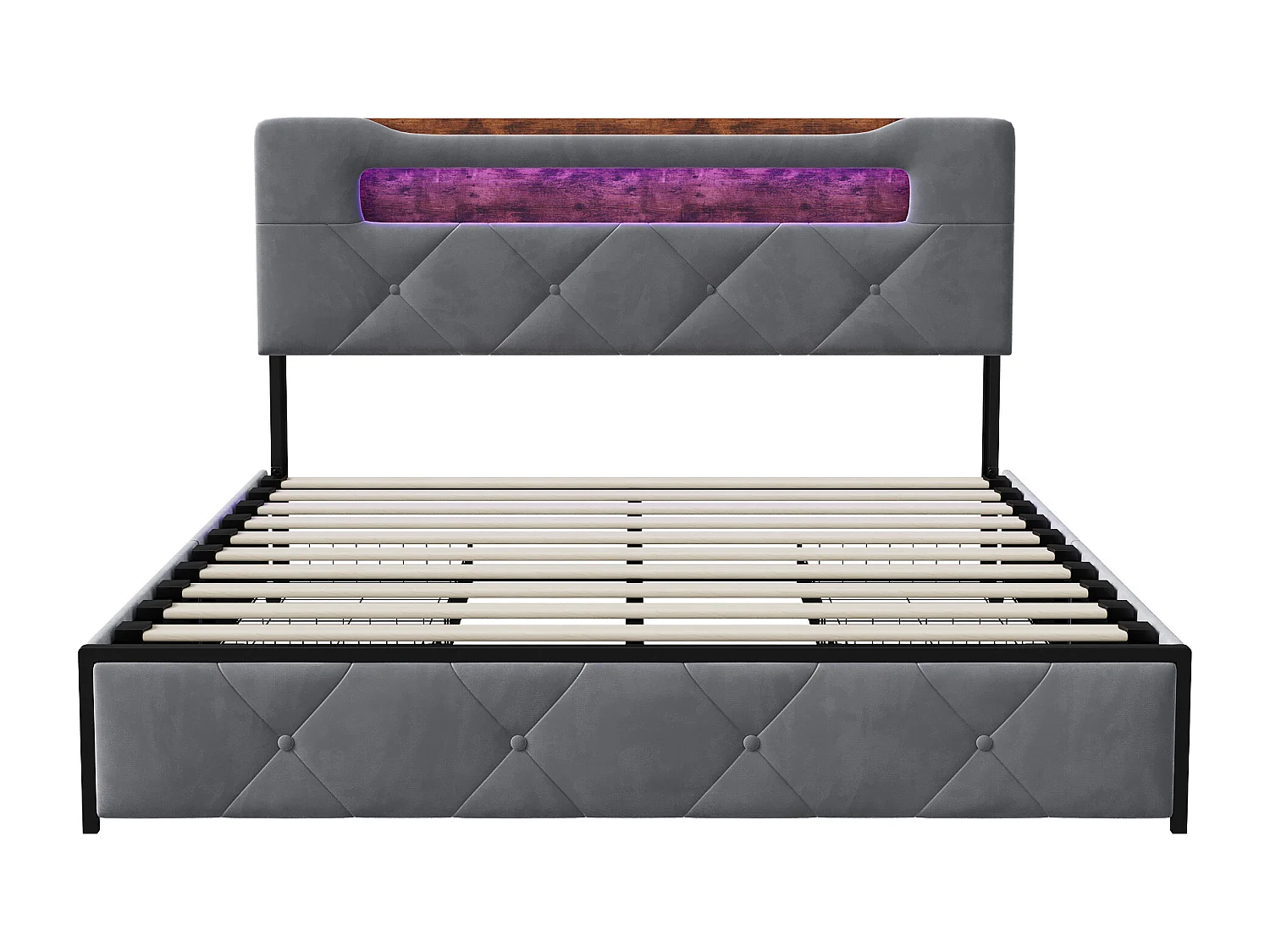 Lit rembourré en velours avec 4 tiroirs de rangement en fer - Eclairage LED en bord de lit Cadre de lit double - pour adultes et adolescents - gris- 140x190cm