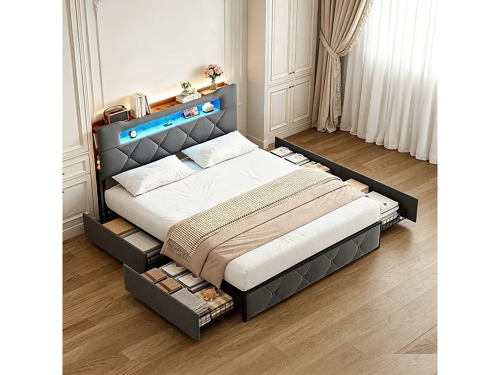 Lit rembourré en velours avec 4 tiroirs de rangement en fer - Eclairage LED en bord de lit Cadre de lit double - pour adultes et adolescents - gris- 140x190cm