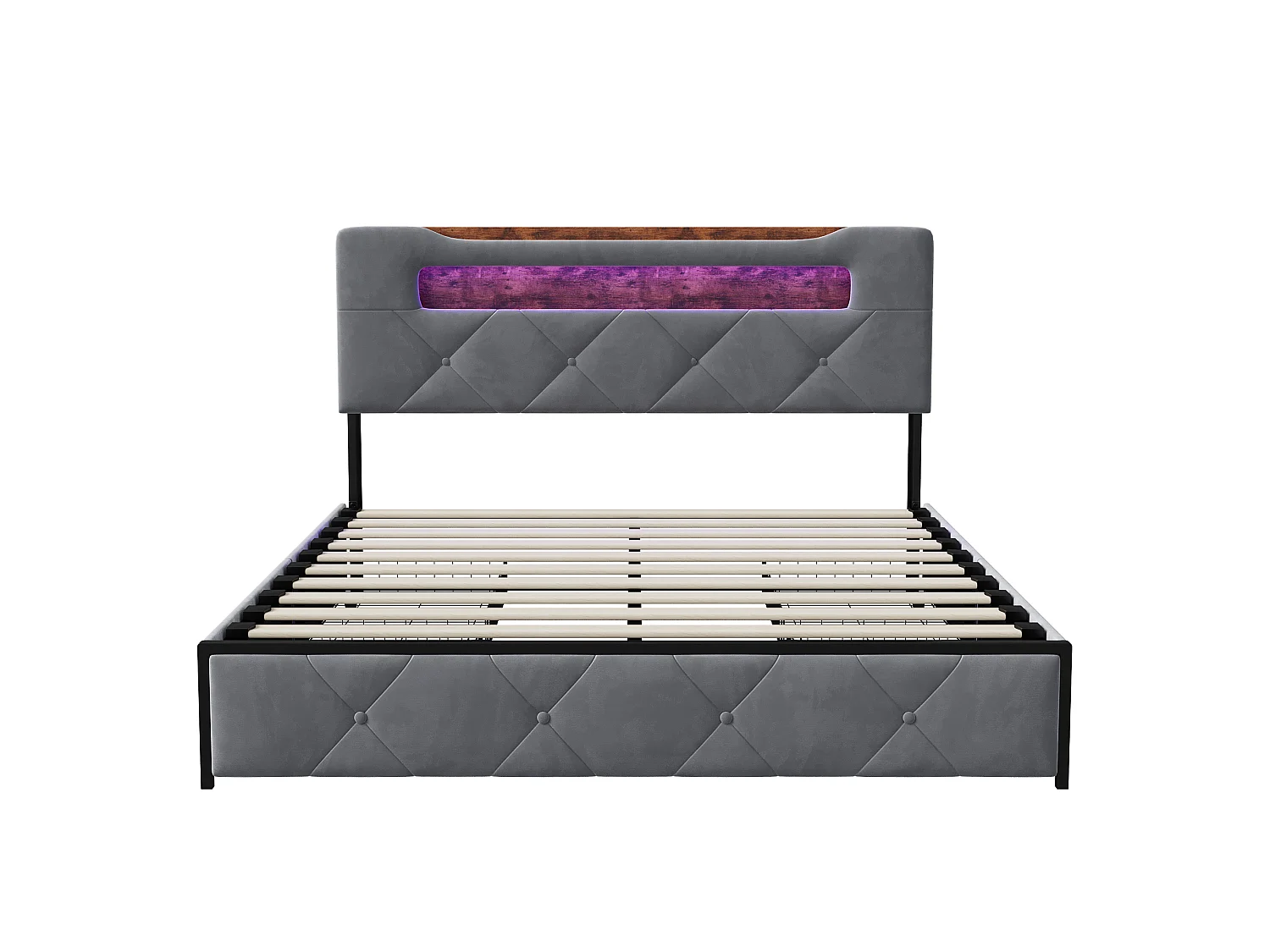 Lit rembourré en velours avec 4 tiroirs de rangement en fer - Eclairage LED en bord de lit Cadre de lit double - pour adultes et adolescents - gris- 140x190cm