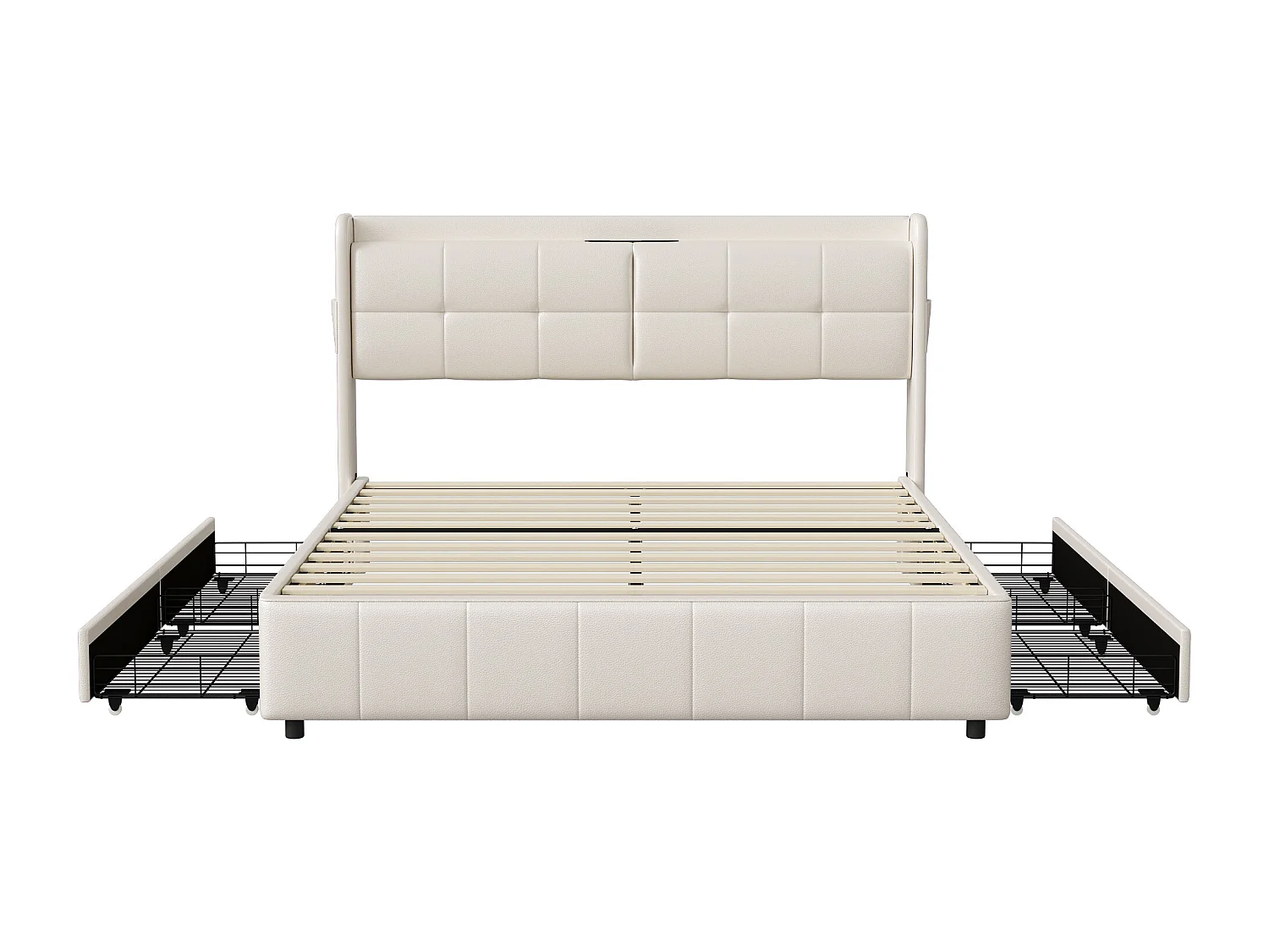 160x200 cm, lit double en cuir PU blanc rembourré - lit de rangement avec 4 tiroirs et fonction de charge USB - lit avec cadre à lames