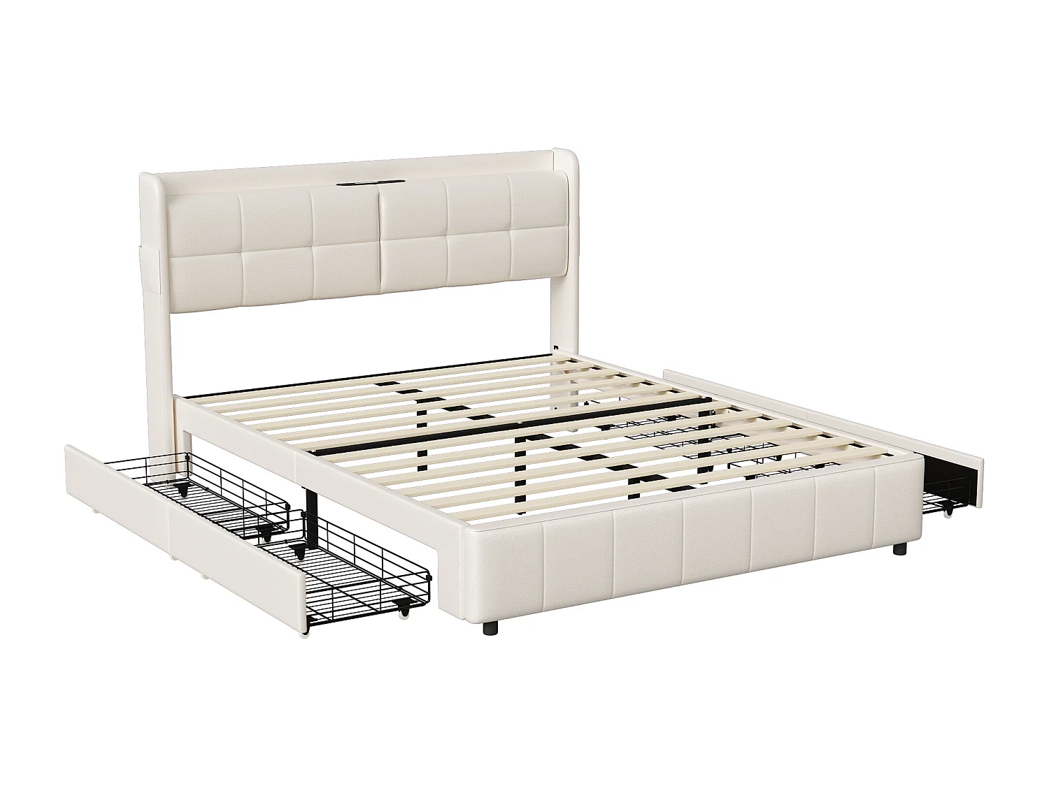 160x200 cm, lit double en cuir PU blanc rembourré - lit de rangement avec 4 tiroirs et fonction de charge USB - lit avec cadre à lames