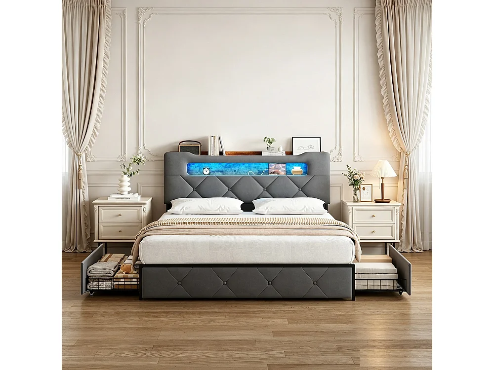 Gepolstertes Doppelbett aus grauem Samt 140x200 cm mit 4 Schubladen, LED-Beleuchtung und USB-Anschlüssen – praktische Aufbewahrung für Erwachsene und Jugendliche