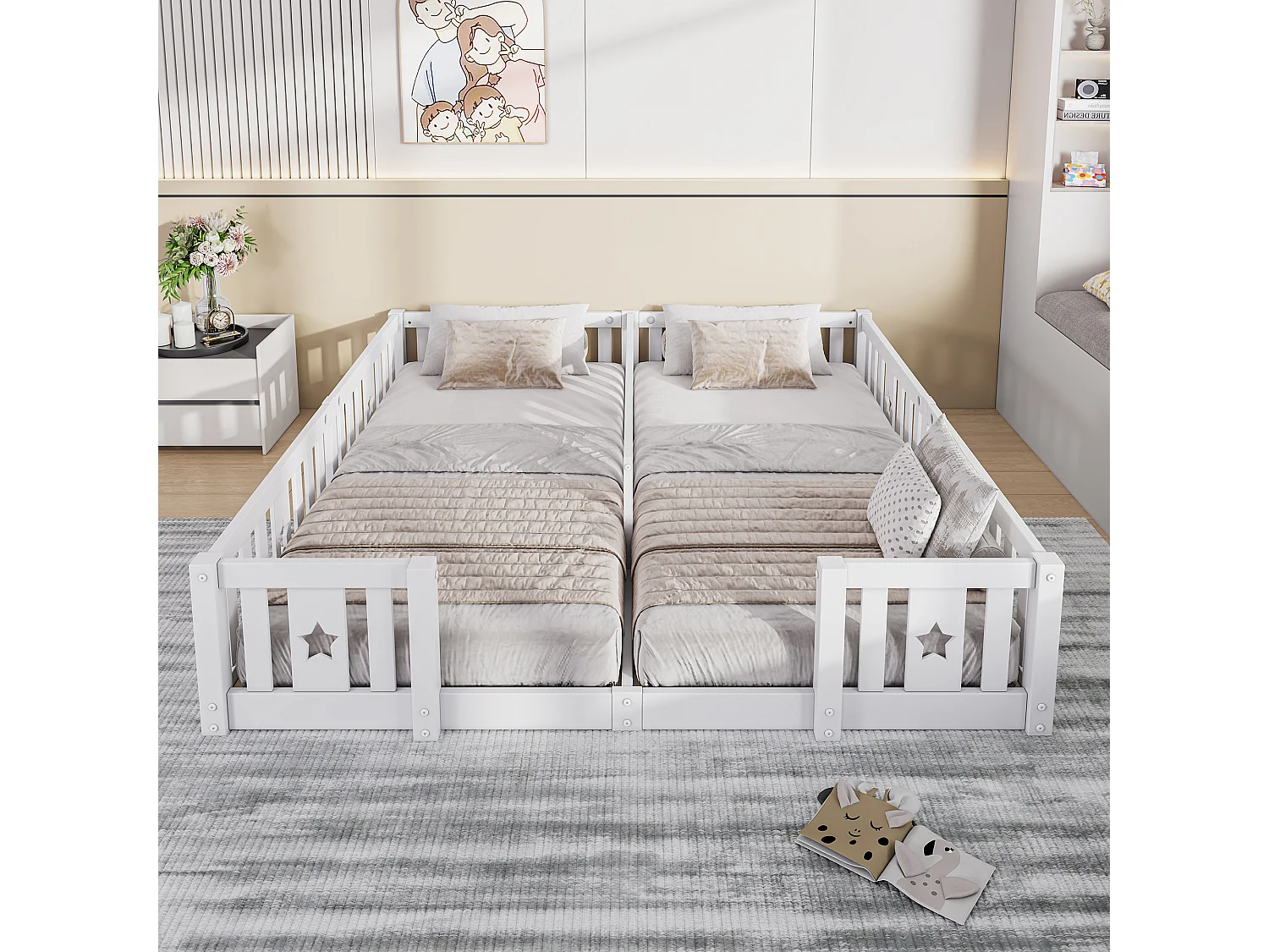 Lit de plancher 90 x 200cm pour 2 enfants - Lit Montessori - Cadre de lit pour enfants avec protection contre les chutes - Blanc - avec cadre à lames