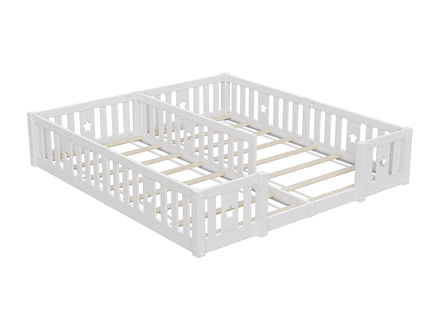 Lit de plancher 90 x 200cm pour 2 enfants - Lit Montessori - Cadre de lit pour enfants avec protection contre les chutes - Blanc - avec cadre à lames