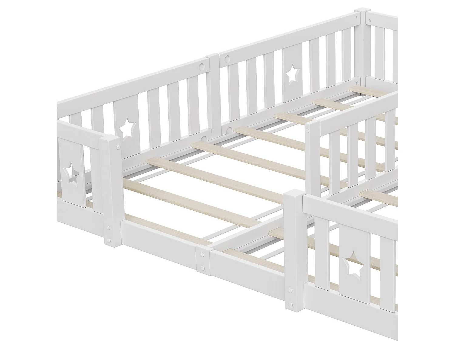 Lit de plancher 90 x 200cm pour 2 enfants - Lit Montessori - Cadre de lit pour enfants avec protection contre les chutes - Blanc - avec cadre à lames