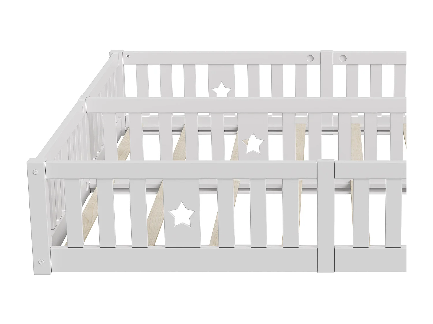 Lit de plancher 90 x 200cm pour 2 enfants - Lit Montessori - Cadre de lit pour enfants avec protection contre les chutes - Blanc - avec cadre à lames