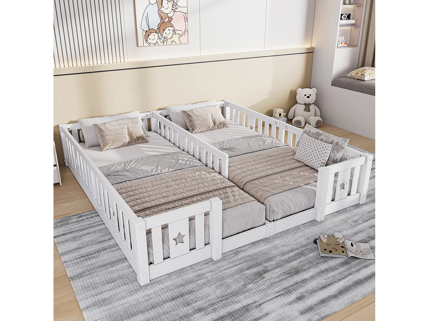 Lit de plancher 90 x 200cm pour 2 enfants - Lit Montessori - Cadre de lit pour enfants avec protection contre les chutes - Blanc - sans cadre à lames