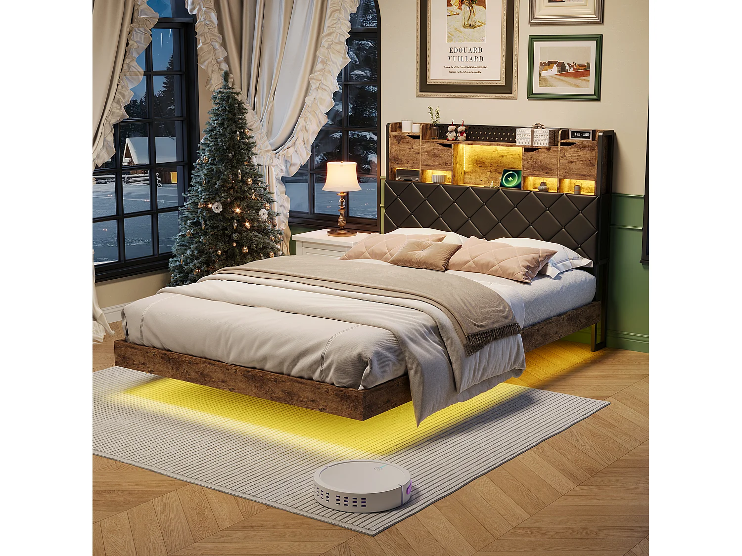 Cadre de lit en fer métallique - lit flottant avec éclairage LED et station de charge USB - lit double rembourré avec tête de stockage - PU - 140x200cm