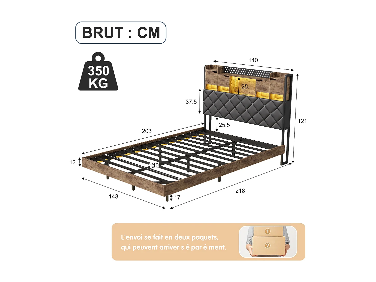 Cadre de lit en fer métallique - lit flottant avec éclairage LED et station de charge USB - lit double rembourré avec tête de stockage - PU - 140x200cm