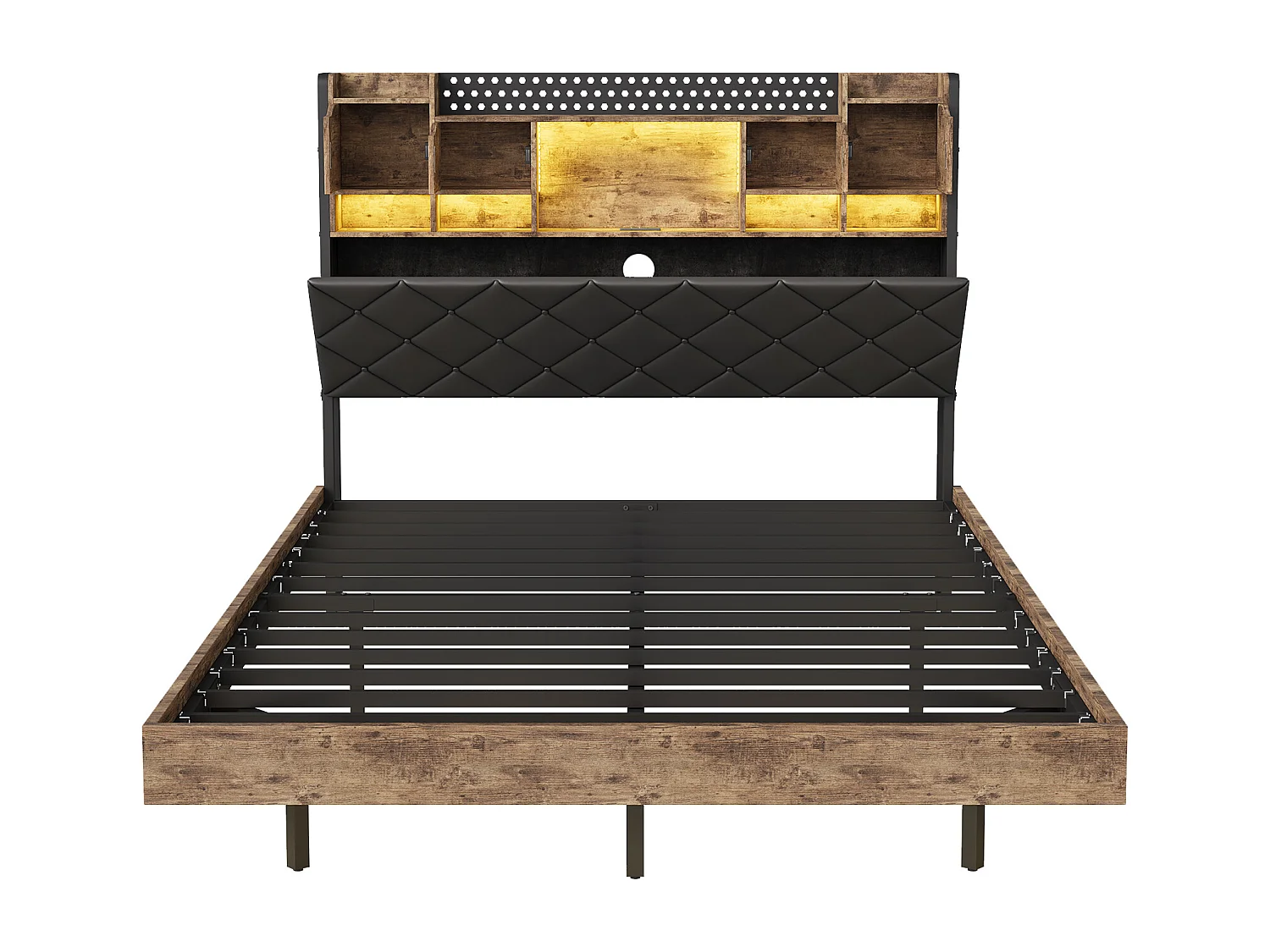 Cadre de lit en fer métallique - lit flottant avec éclairage LED et station de charge USB - lit double rembourré avec tête de stockage - PU - 140x200cm