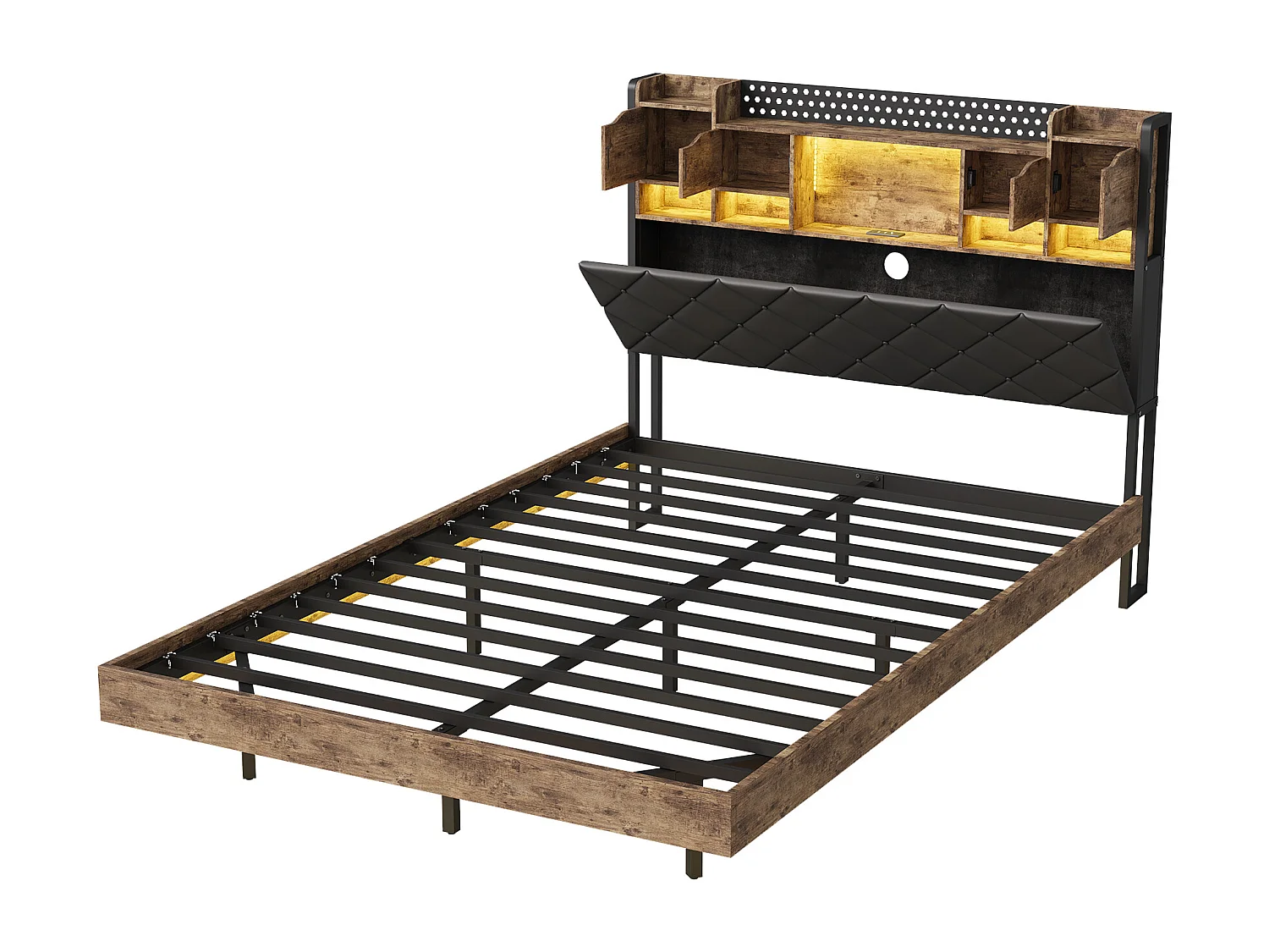 Cadre de lit en fer métallique - lit flottant avec éclairage LED et station de charge USB - lit double rembourré avec tête de stockage - PU - 140x200cm