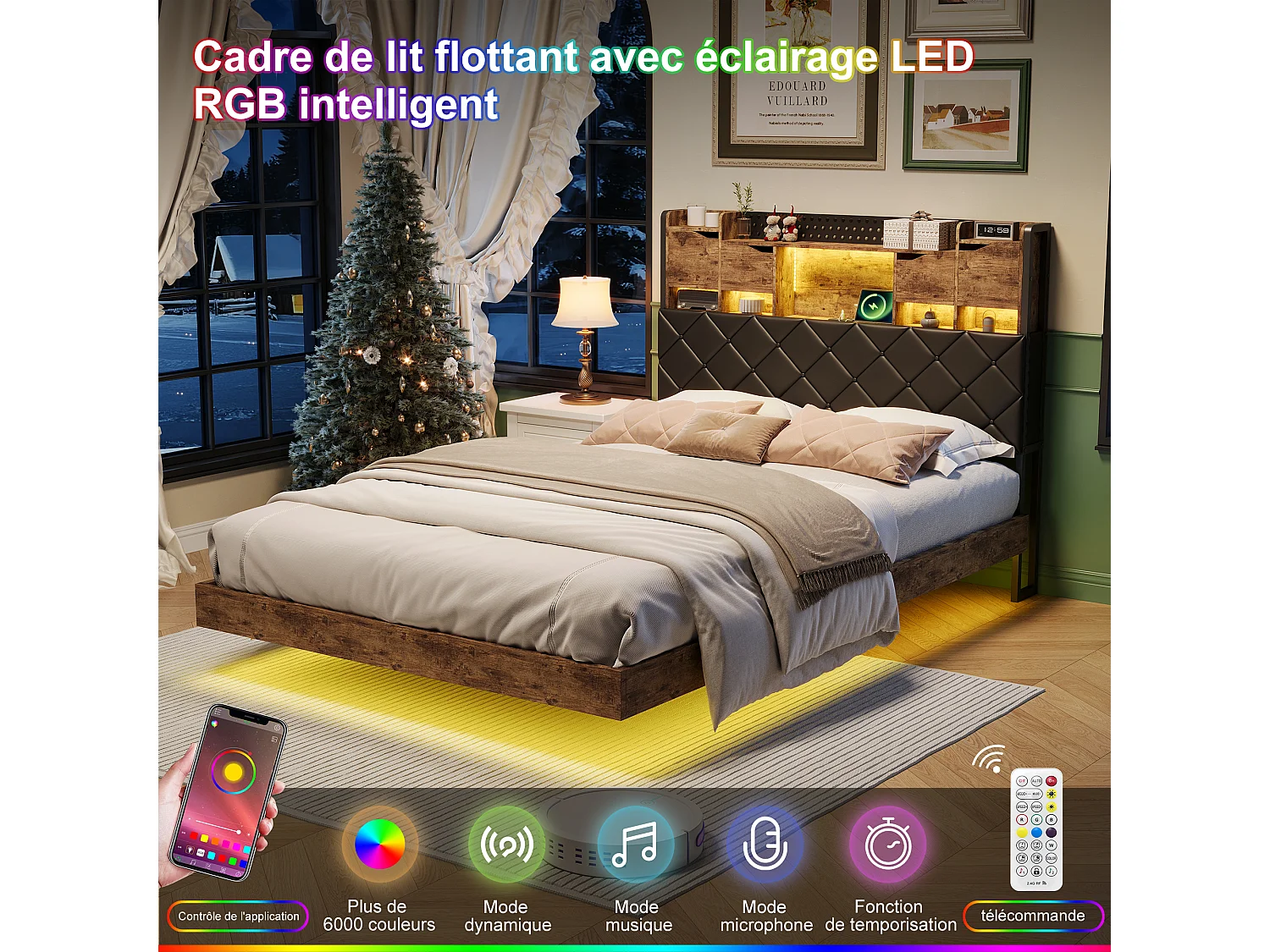Cadre de lit en fer métallique - lit flottant avec éclairage LED et station de charge USB - lit double rembourré avec tête de stockage - PU - 140x200cm