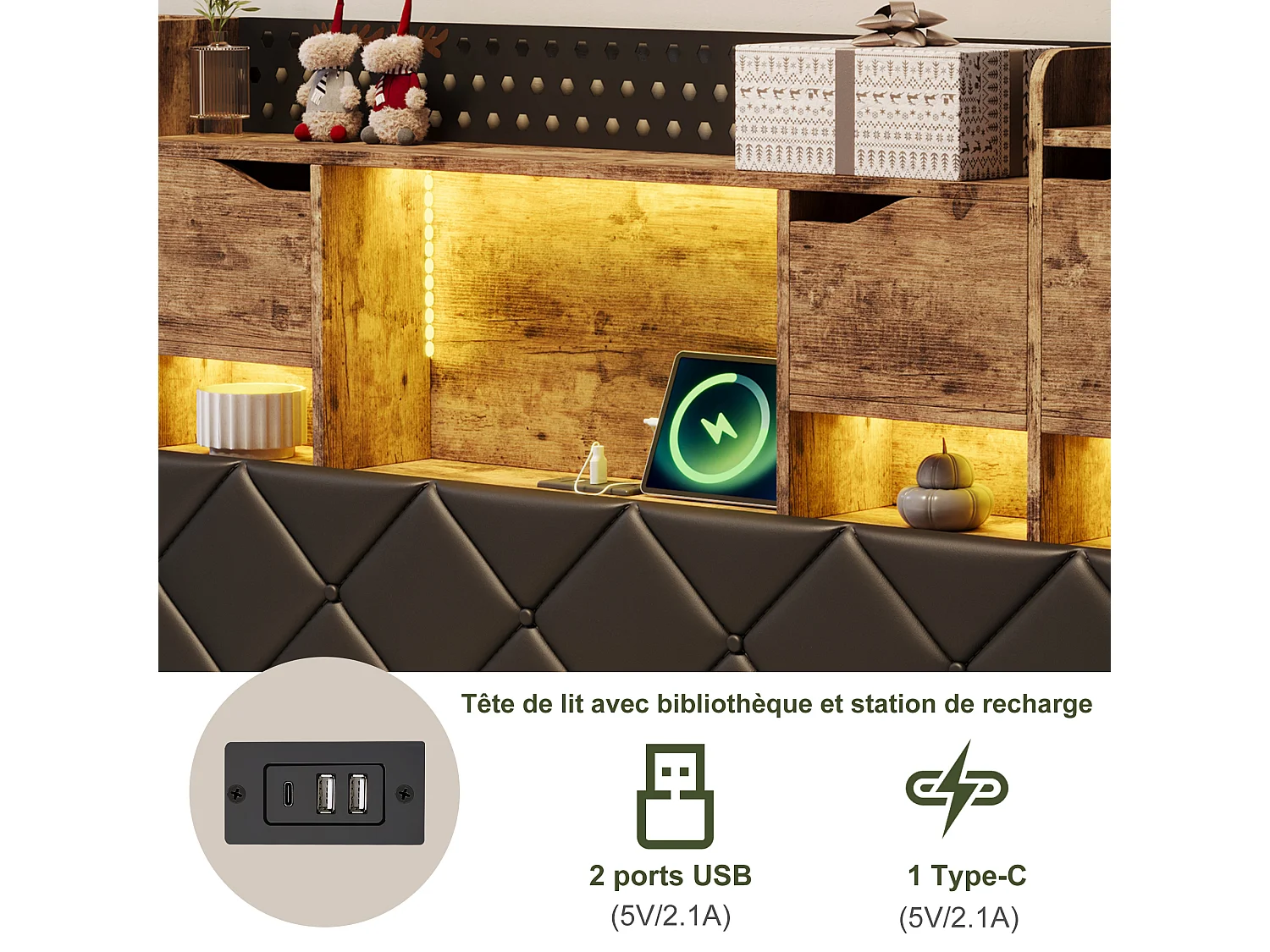 Cadre de lit en fer métallique - lit flottant avec éclairage LED et station de charge USB - lit double rembourré avec tête de stockage - PU - 140x200cm