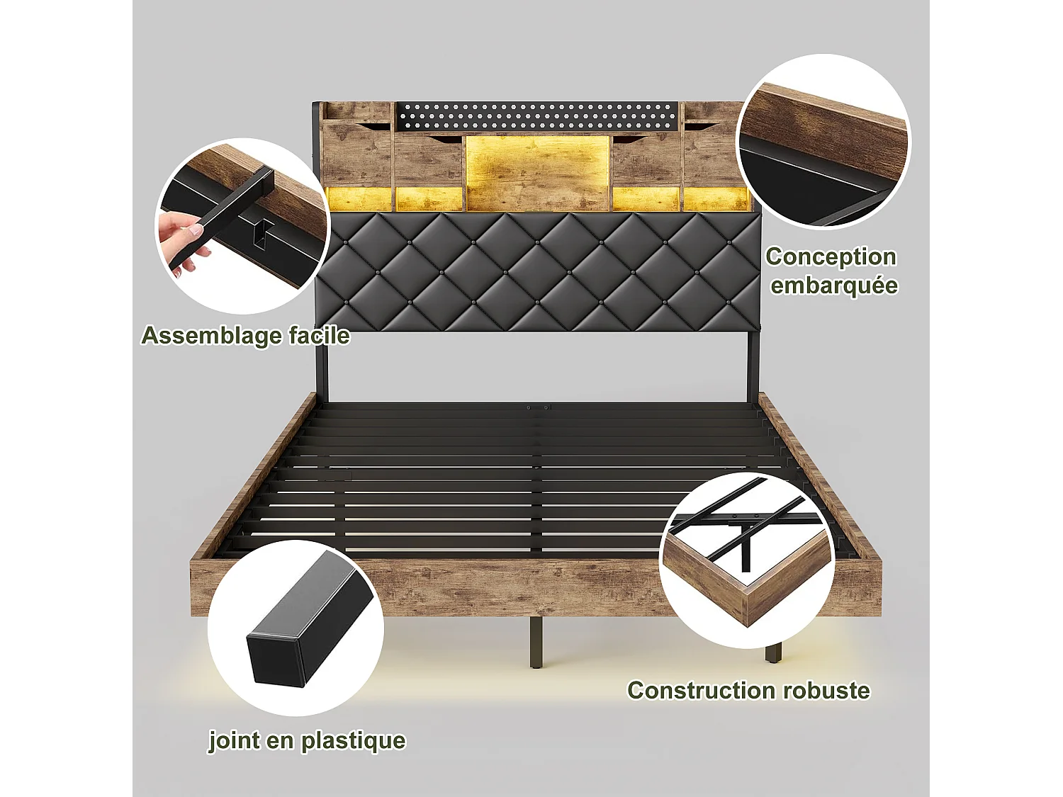 Cadre de lit en fer métallique - lit flottant avec éclairage LED et station de charge USB - lit double rembourré avec tête de stockage - PU - 140x200cm