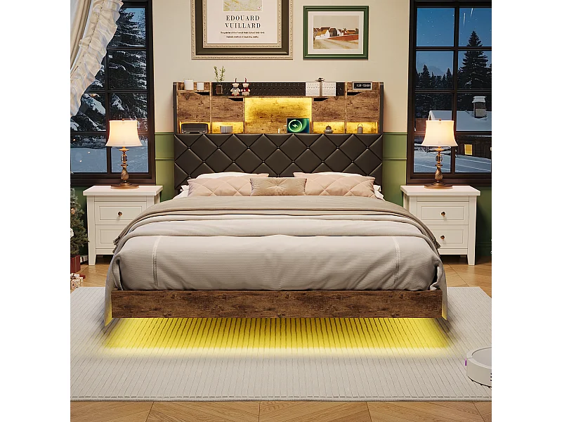 Cadre de lit en fer métallique - lit flottant avec éclairage LED et station de charge USB - lit double rembourré avec tête de stockage - PU - 140x200cm