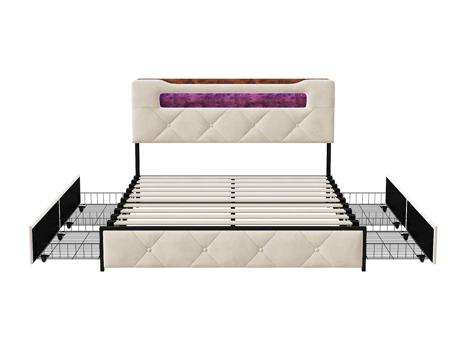 Letto matrimoniale imbottito in velluto beige 160x200 cm con 4 cassetti, illuminazione LED e porte USB integrate