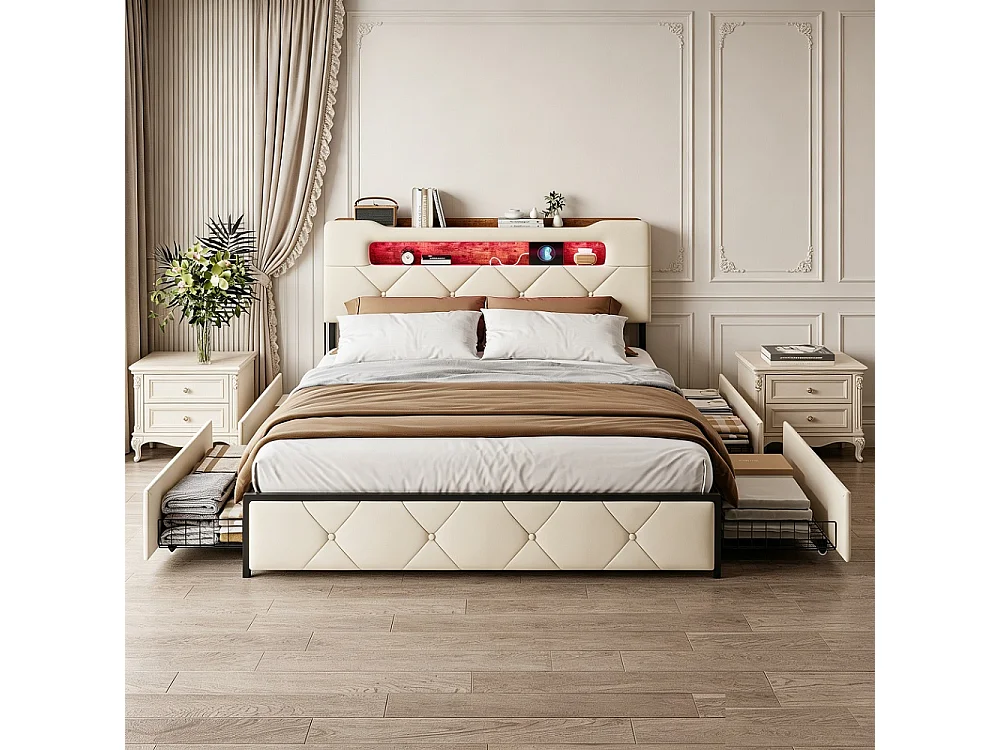 Gepolstertes Doppelbett aus beigem Samt 160x200 cm mit 4 Schubladen, LED-Beleuchtung und integrierten USB-Anschlüssen