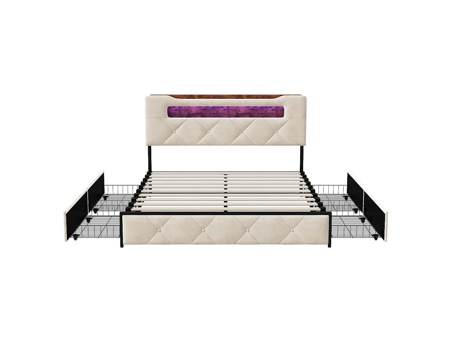 Gepolstertes Doppelbett aus beigem Samt 160x200 cm mit 4 Schubladen, LED-Beleuchtung und integrierten USB-Anschlüssen