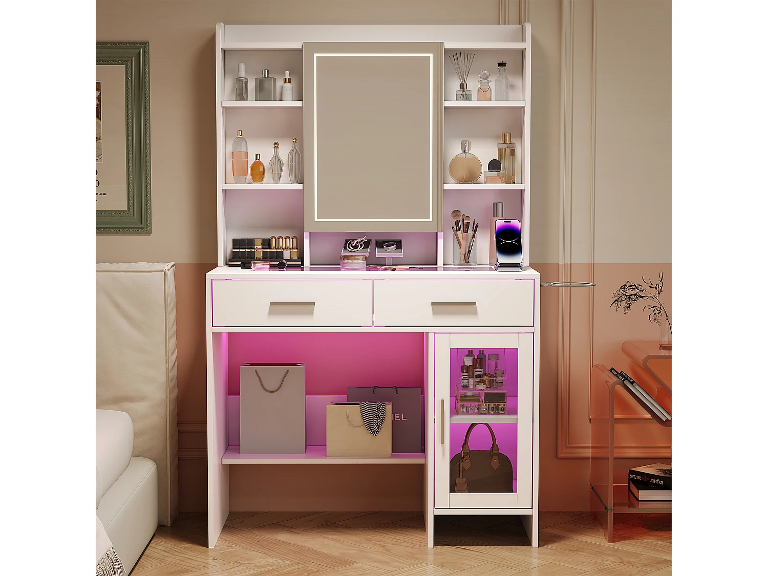 LED éclairage dressing table avec luminosité réglable - maquillage vanités avec miroir cosmétique et tiroirs et compartiments ouverts - blanc