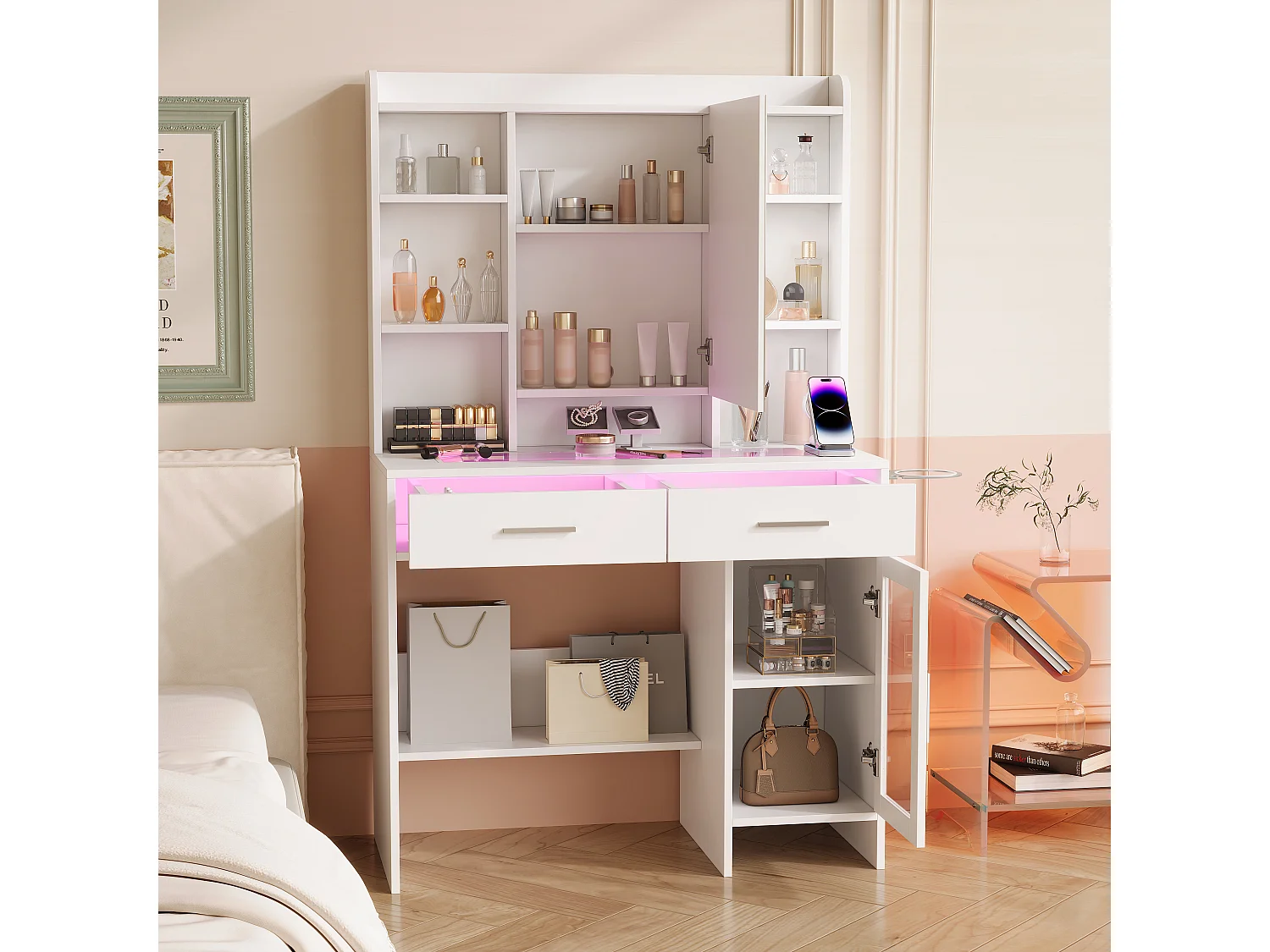 LED éclairage dressing table avec luminosité réglable - maquillage vanités avec miroir cosmétique et tiroirs et compartiments ouverts - blanc