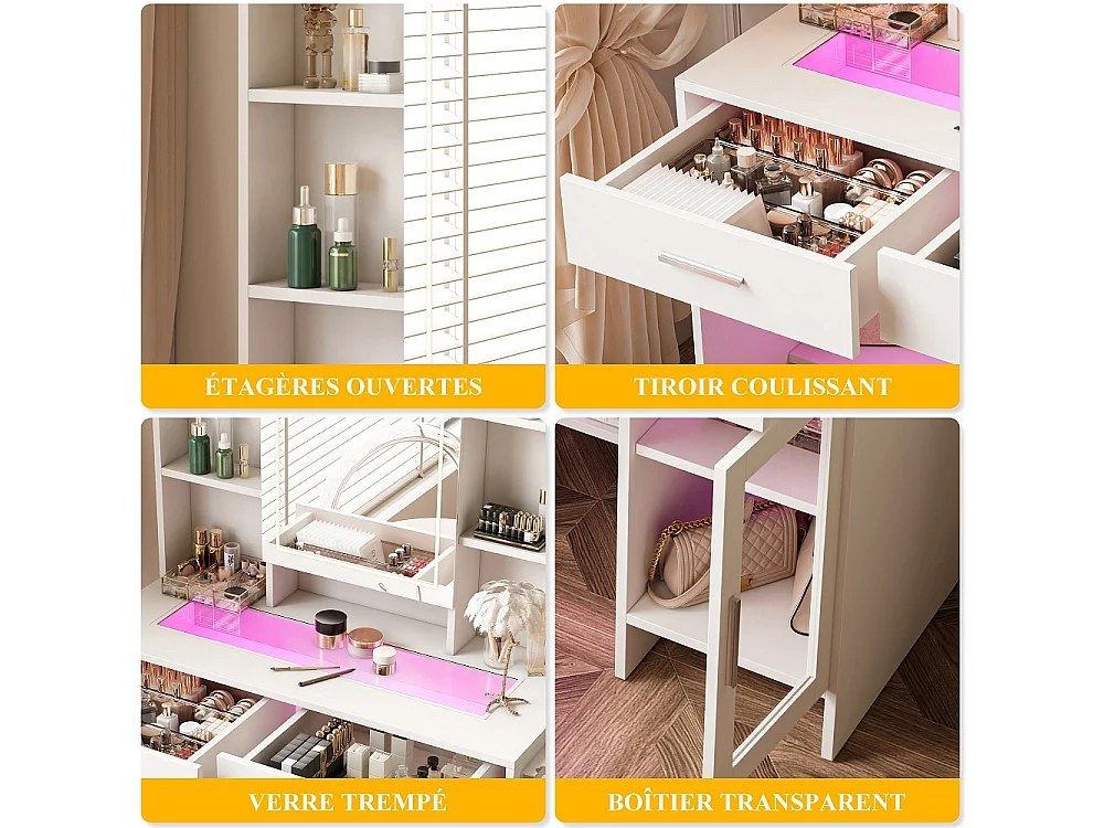 LED éclairage dressing table avec luminosité réglable - maquillage vanités avec miroir cosmétique et tiroirs et compartiments ouverts - blanc