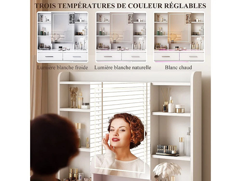 LED éclairage dressing table avec luminosité réglable - maquillage vanités avec miroir cosmétique et tiroirs et compartiments ouverts - blanc