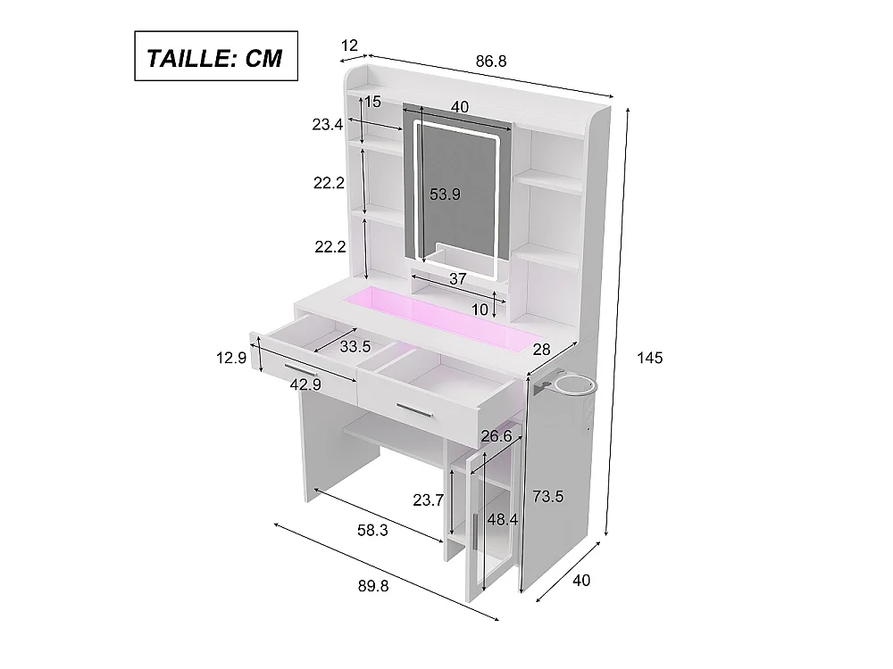 LED éclairage dressing table avec luminosité réglable - maquillage vanités avec miroir cosmétique et tiroirs et compartiments ouverts - blanc