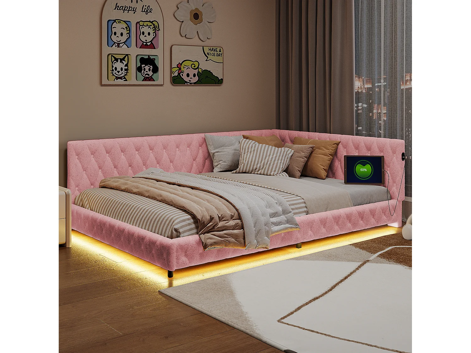 Lits de jour 140x200cm avec charge USB et lumières LED - Lit rembourré en forme de L - Cadre de lit double avec cadre à lames - Rose