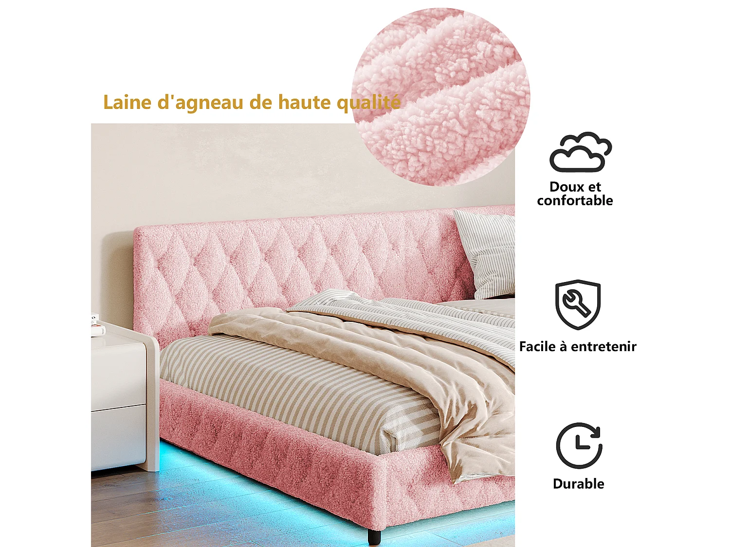 Lits de jour 140x200cm avec charge USB et lumières LED - Lit rembourré en forme de L - Cadre de lit double avec cadre à lames - Rose