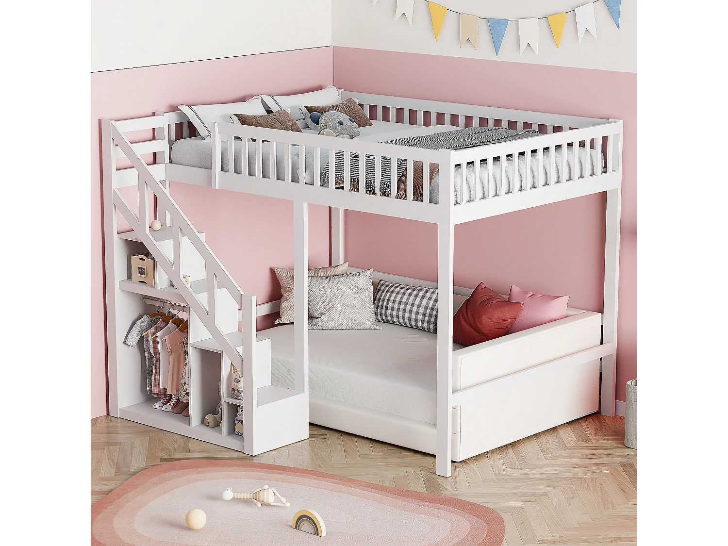 Cama beliche infantil em madeira maciça branca com escada com arrumação integrada, proteção antiqueda, 90x200 cm, design contemporâneo