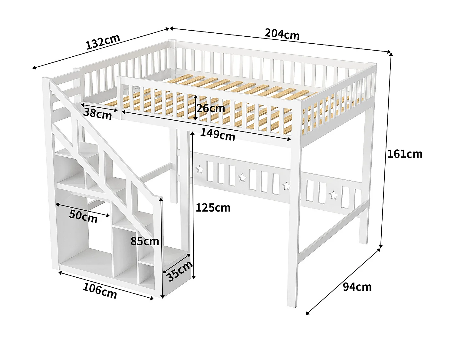 Cama beliche infantil em madeira maciça branca com escada com arrumação integrada, proteção antiqueda, 90x200 cm, design contemporâneo