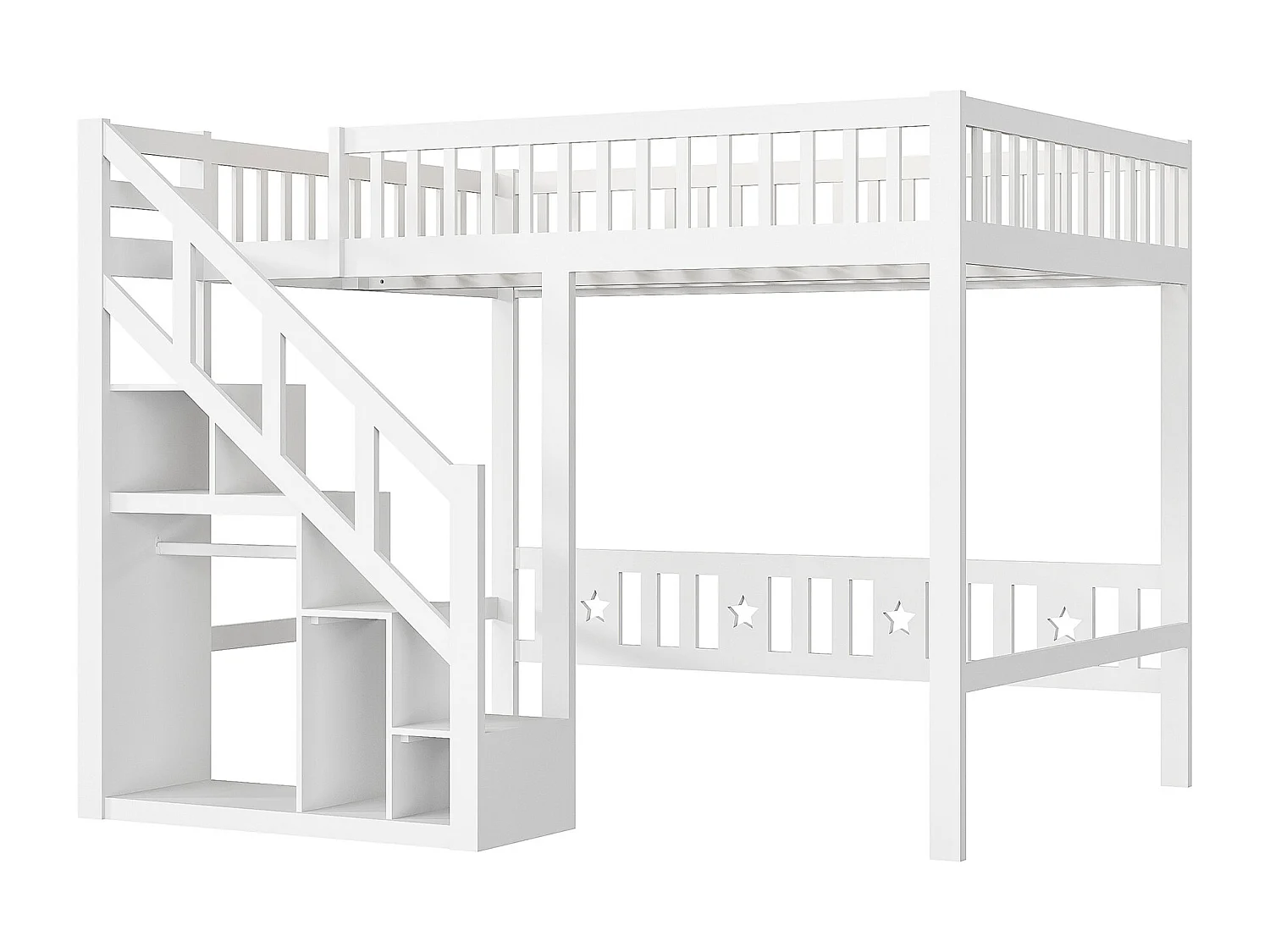 Cama beliche infantil em madeira maciça branca com escada com arrumação integrada, proteção antiqueda, 90x200 cm, design contemporâneo