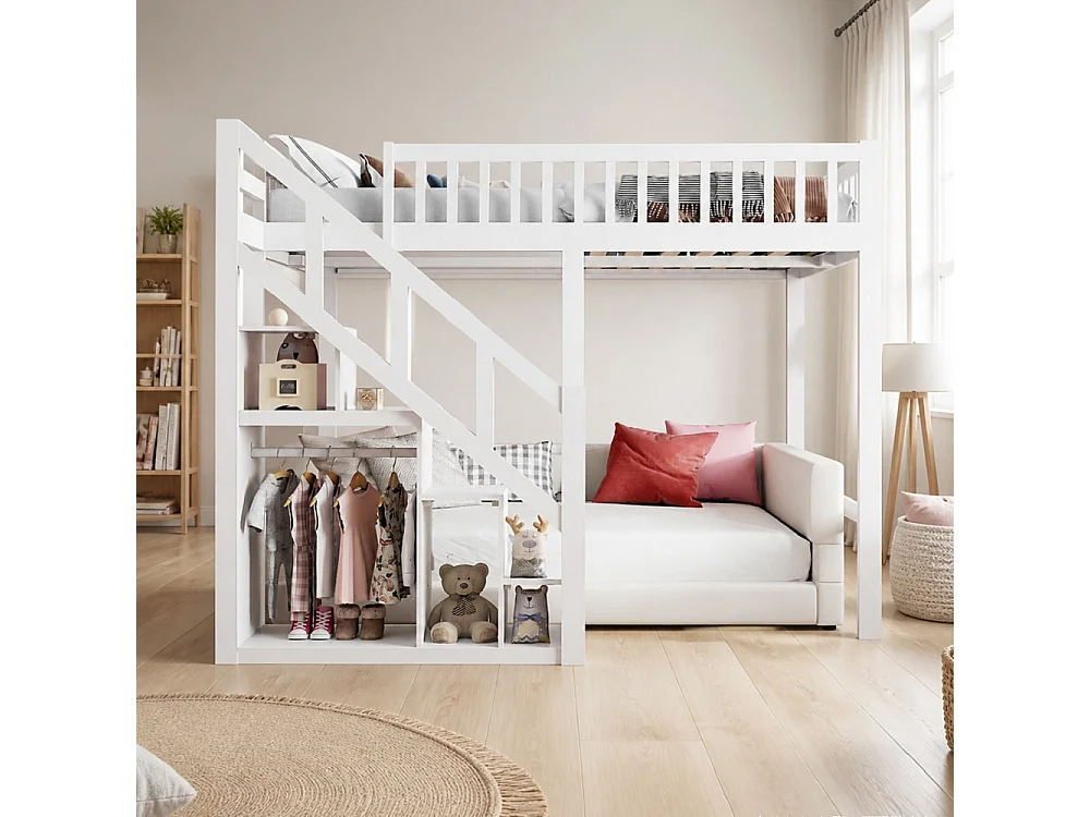 Lit superposé pour enfants - Lit en penthouse avec protection contre les chutes et escaliers et casiers - Cadre de lit double pour enfants - Blanc - 90x200cm