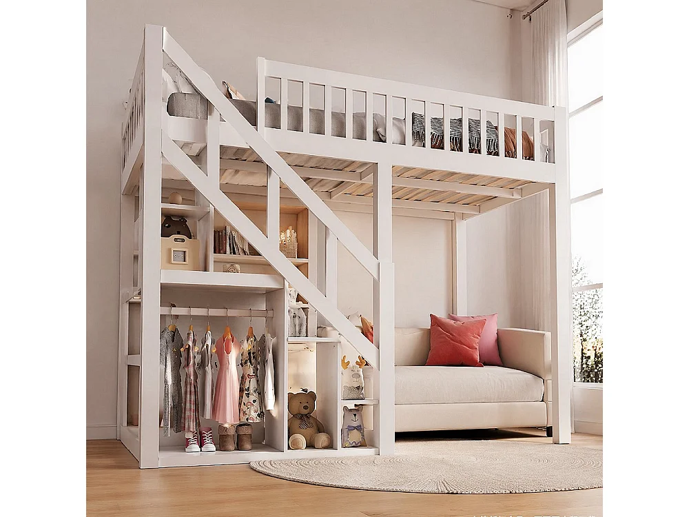 Lit superposé pour enfants - Lit en penthouse avec protection contre les chutes et escaliers et casiers - Cadre de lit double pour enfants - Blanc - 90x200cm