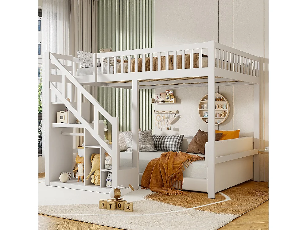 Lit superposé pour enfants - Lit en penthouse avec protection contre les chutes et escaliers et casiers - Cadre de lit double pour enfants - Blanc - 90x200cm