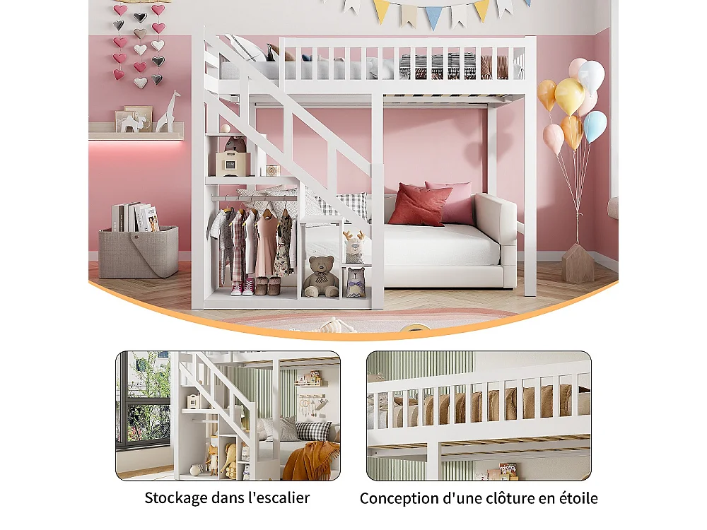 Lit superposé pour enfants - Lit en penthouse avec protection contre les chutes et escaliers et casiers - Cadre de lit double pour enfants - Blanc - 90x200cm