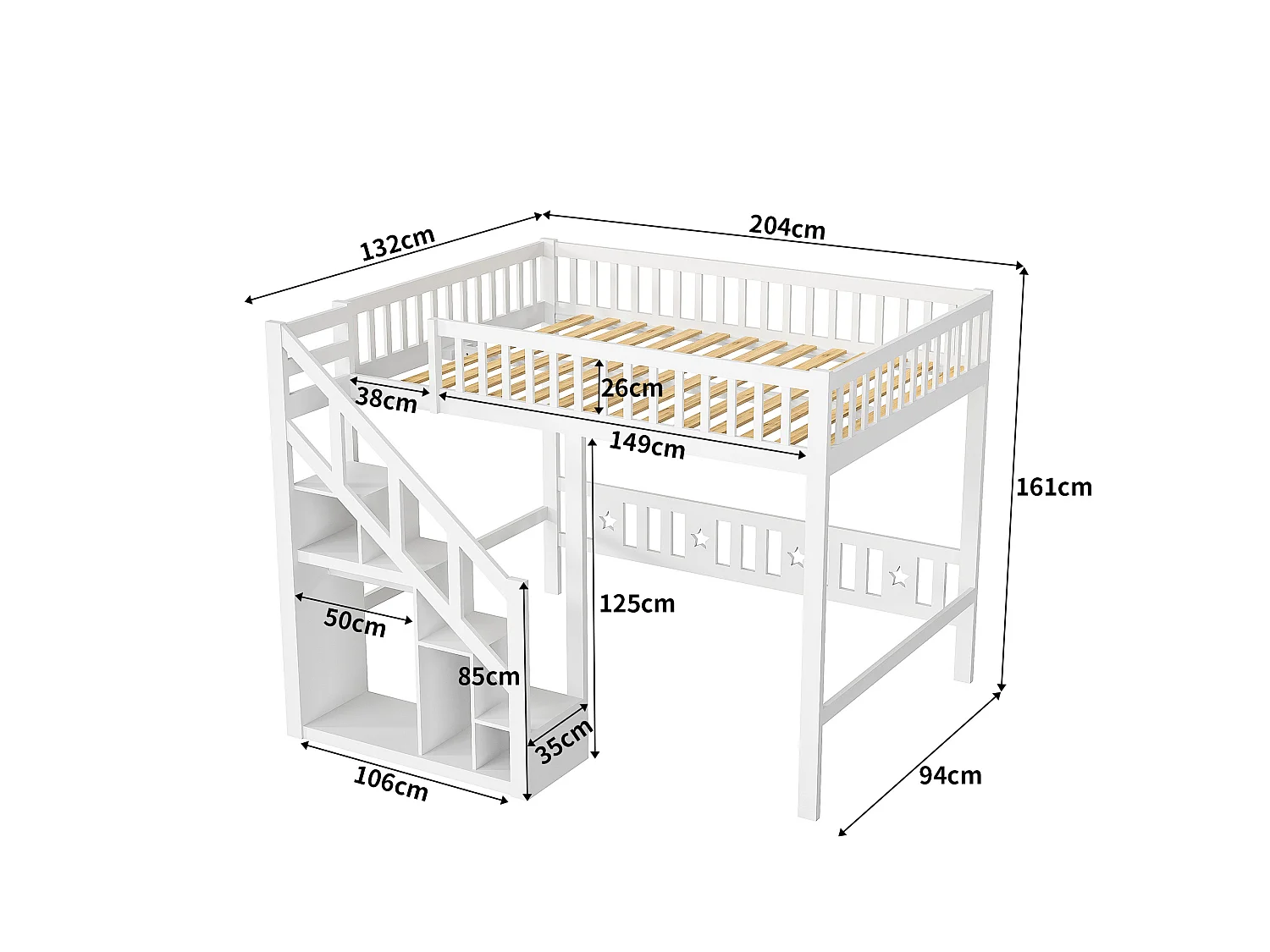 Lit superposé pour enfants - Lit en penthouse avec protection contre les chutes et escaliers et casiers - Cadre de lit double pour enfants - Blanc - 90x200cm