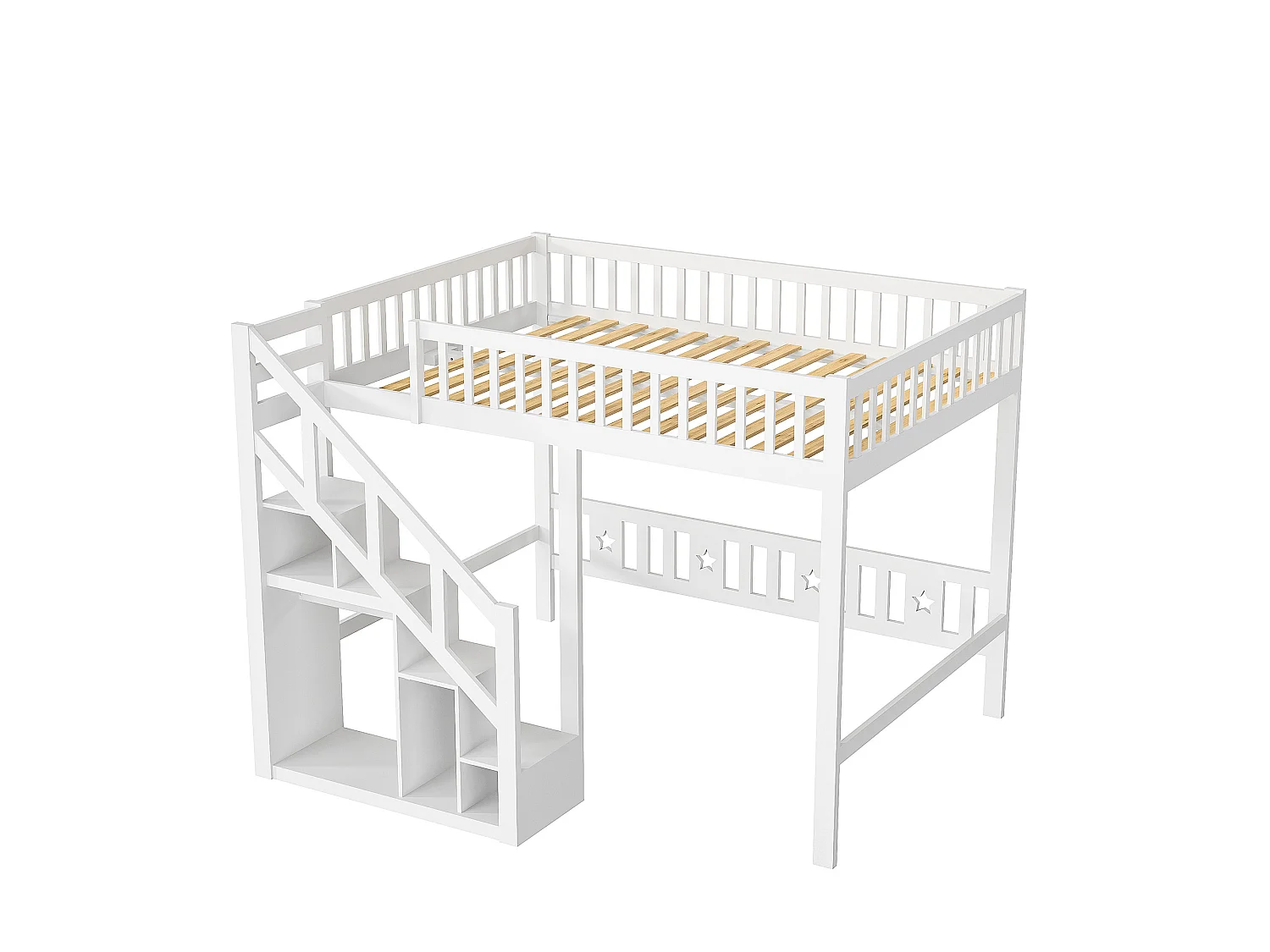 Lit superposé pour enfants - Lit en penthouse avec protection contre les chutes et escaliers et casiers - Cadre de lit double pour enfants - Blanc - 90x200cm