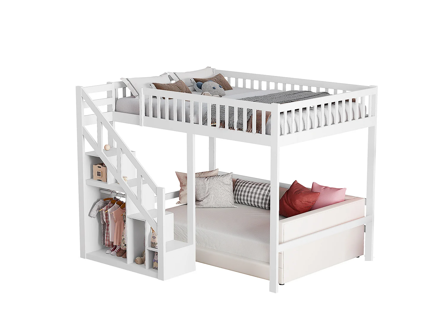 Lit superposé pour enfants - Lit en penthouse avec protection contre les chutes et escaliers et casiers - Cadre de lit double pour enfants - Blanc - 90x200cm