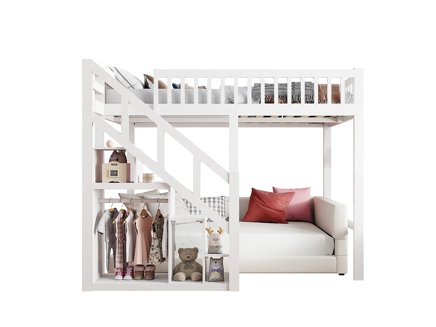 Lit superposé pour enfants - Lit en penthouse avec protection contre les chutes et escaliers et casiers - Cadre de lit double pour enfants - Blanc - 90x200cm
