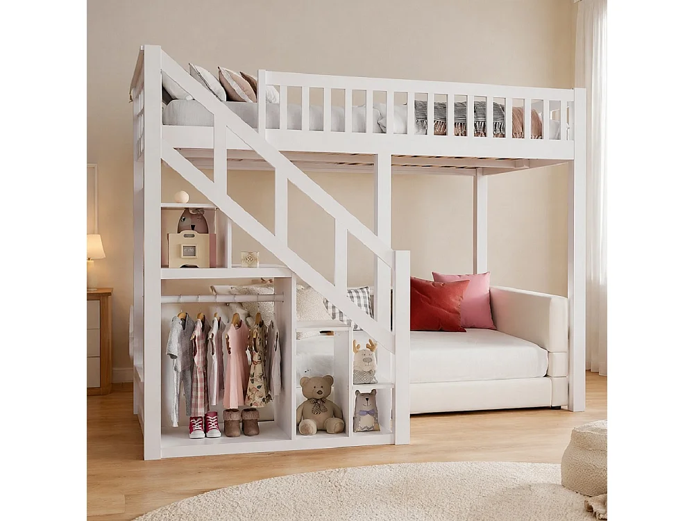Letto a castello per bambini con protezione anticaduta, scale e spazio di archiviazione - Bianco - Robusta legno massello - 140x200cm