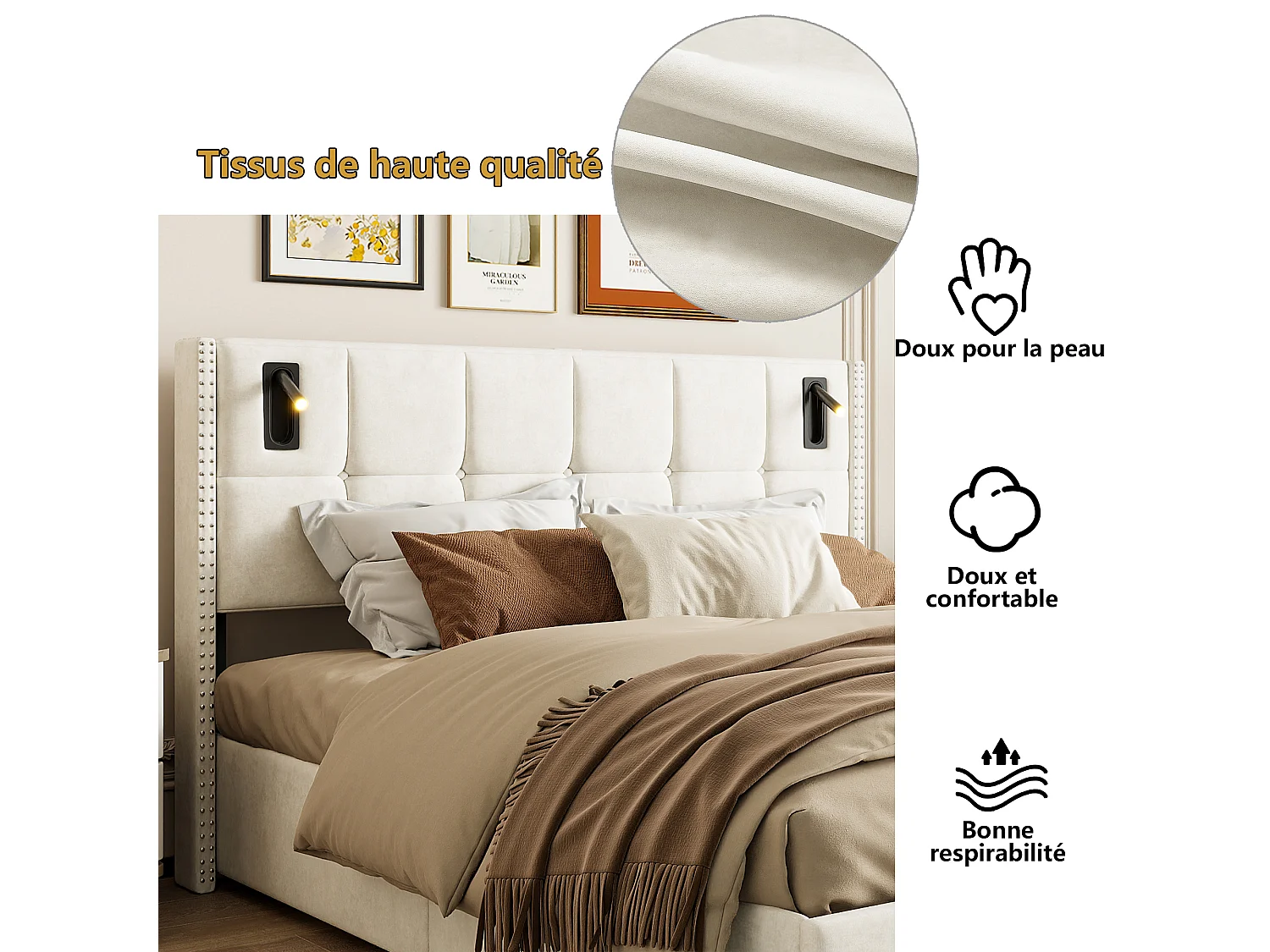 Lit rembourré en velours 160 x 200 cm - cadre de lit double - tête avec 2 lampes de lecture et port de charge USB lit de stockage hydraulique - Beige