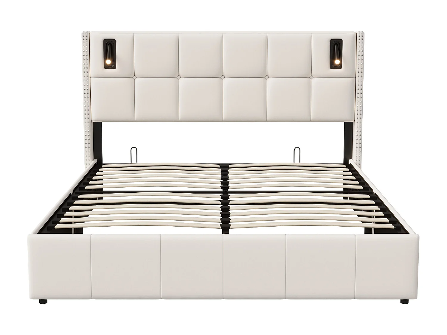 Lit rembourré en velours 160 x 200 cm - cadre de lit double - tête avec 2 lampes de lecture et port de charge USB lit de stockage hydraulique - Beige