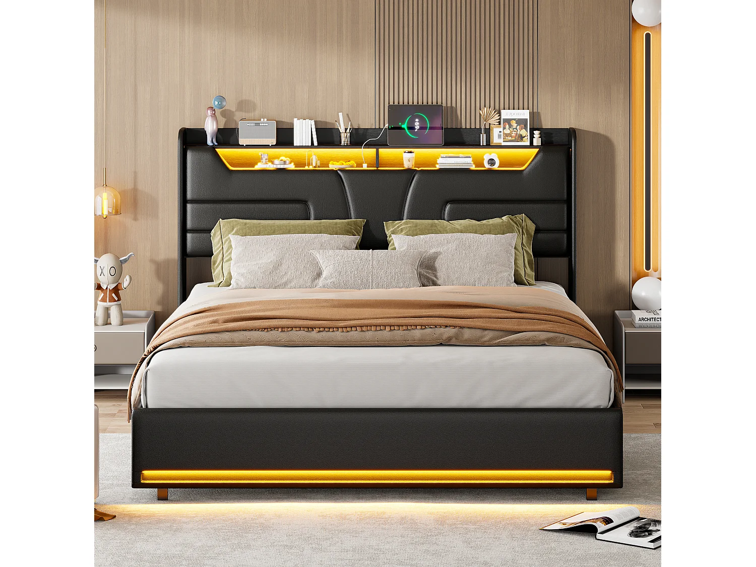 Lit hydraulique 140x200cm - lit double rembourré avec éclairage LED et charge USB - cadre de lit de stockage PU pour la jeunesse - noir