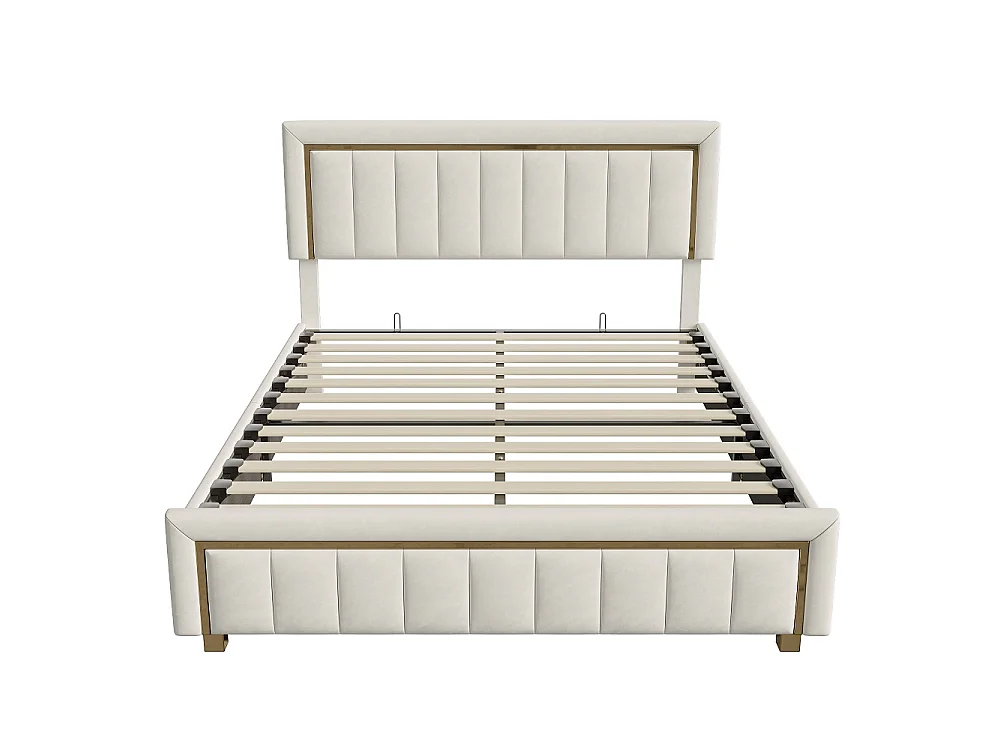 Lit rembourré 140 x 200 cm - Lit de stockage hydraulique - Lit double en velours à rayures verticales et bords en cadre doré - beige