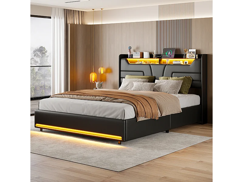 Lit hydraulique 160x200cm - lit double rembourré avec éclairage LED et charge USB - cadre de lit de stockage PU pour la jeunesse - noir
