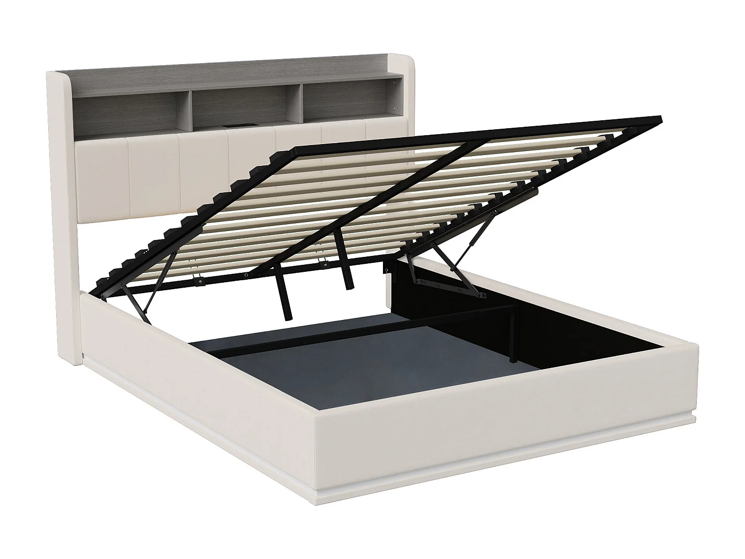 Łóżko podwójne 160x200 cm białe z hydraulicznym schowkiem, wbudowanym oświetleniem LED i stacją ładowania USB, nowoczesny design